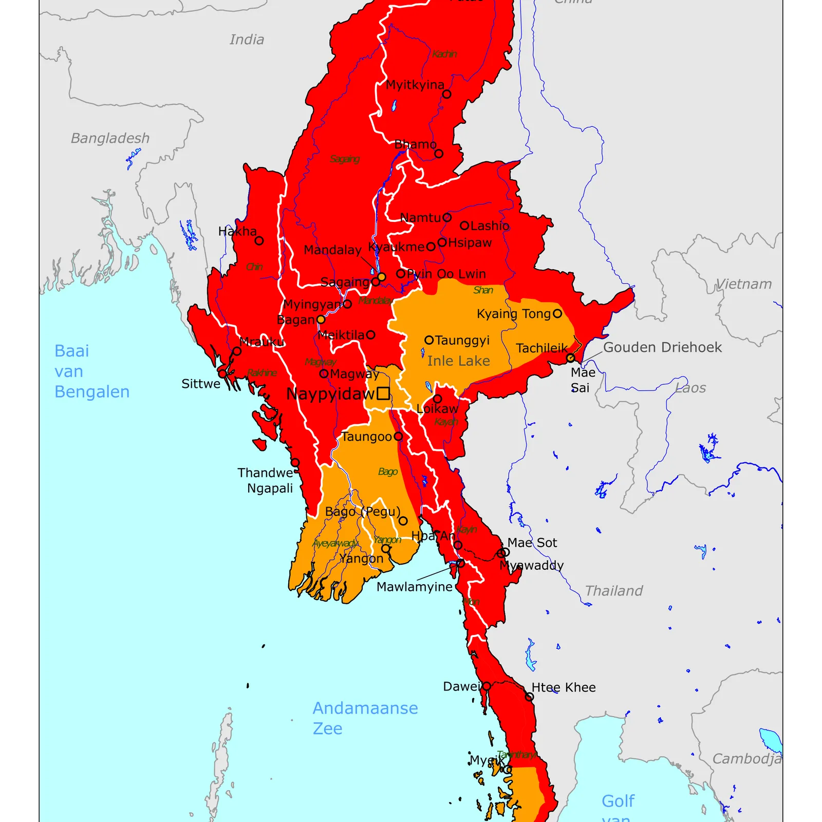 Grote kaart van Myanmar