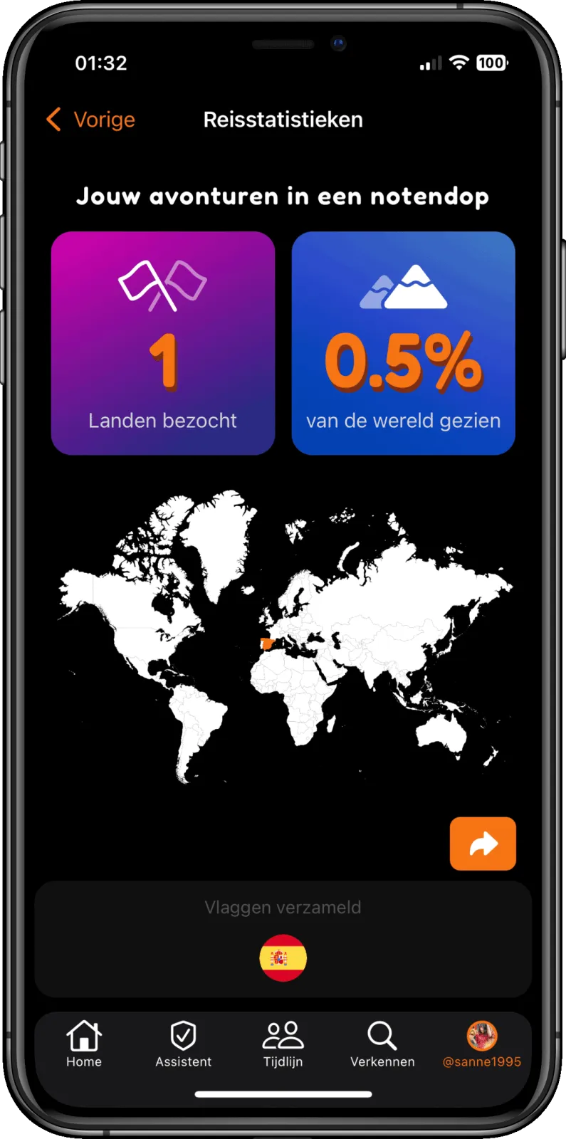 Reisstatistieken: het aantal bezochte landen, het percentage van de wereld dat je hebt gezien, een wereldkaart met de bezochte landen ingekleurd en de verzamelde vlaggen.